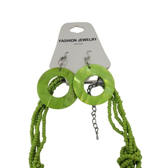 Lime Green Multi Strand Seed Bead Shell Statement Necklace Shell Dangle Earrings - Picture 2 of 9